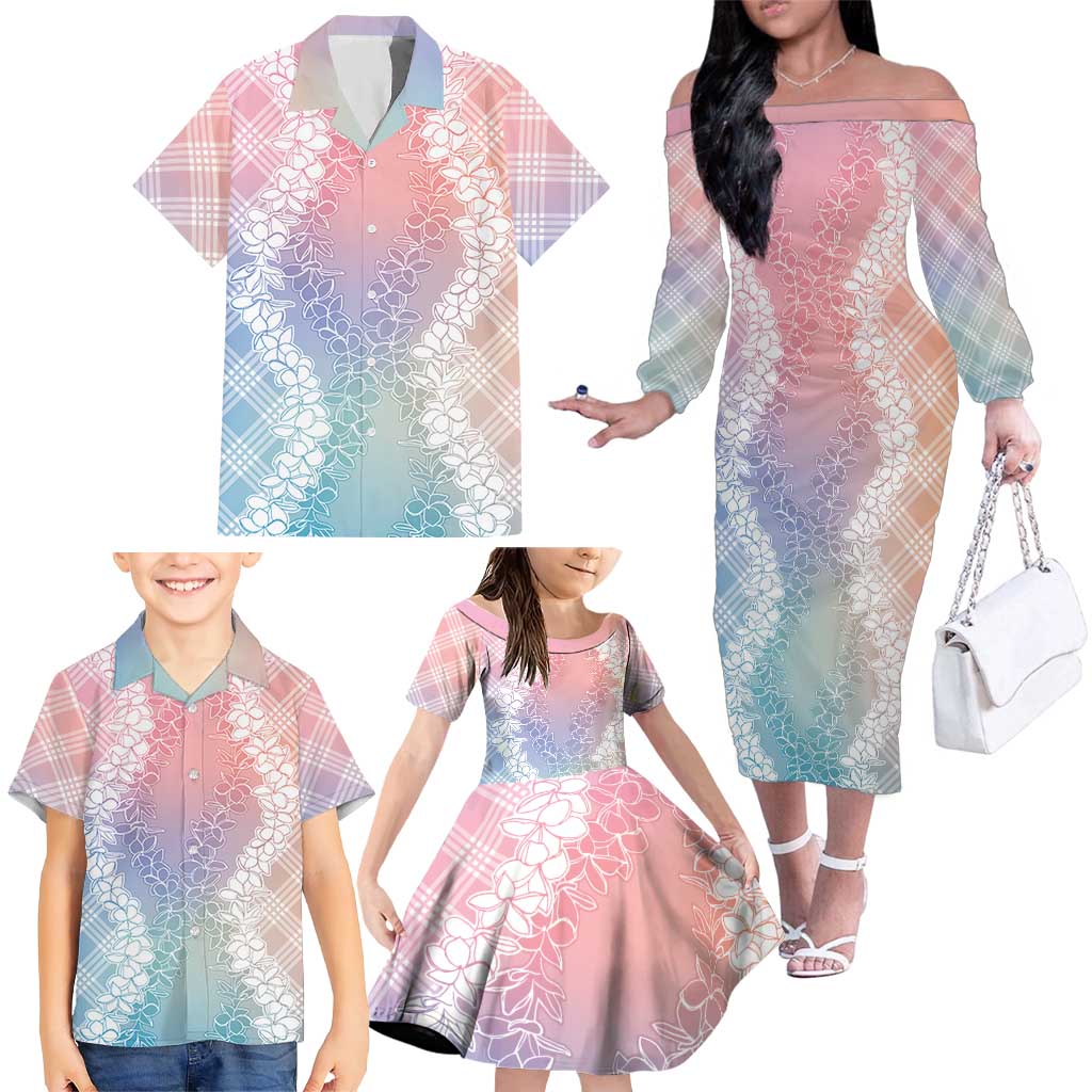Hawaii Aloha Plumeria Lei Pastel Candy Palaka Family Matching Off The Shoulder Long Sleeve Dress and Hawaiian Shirt LT7 - Polynesian Pride
