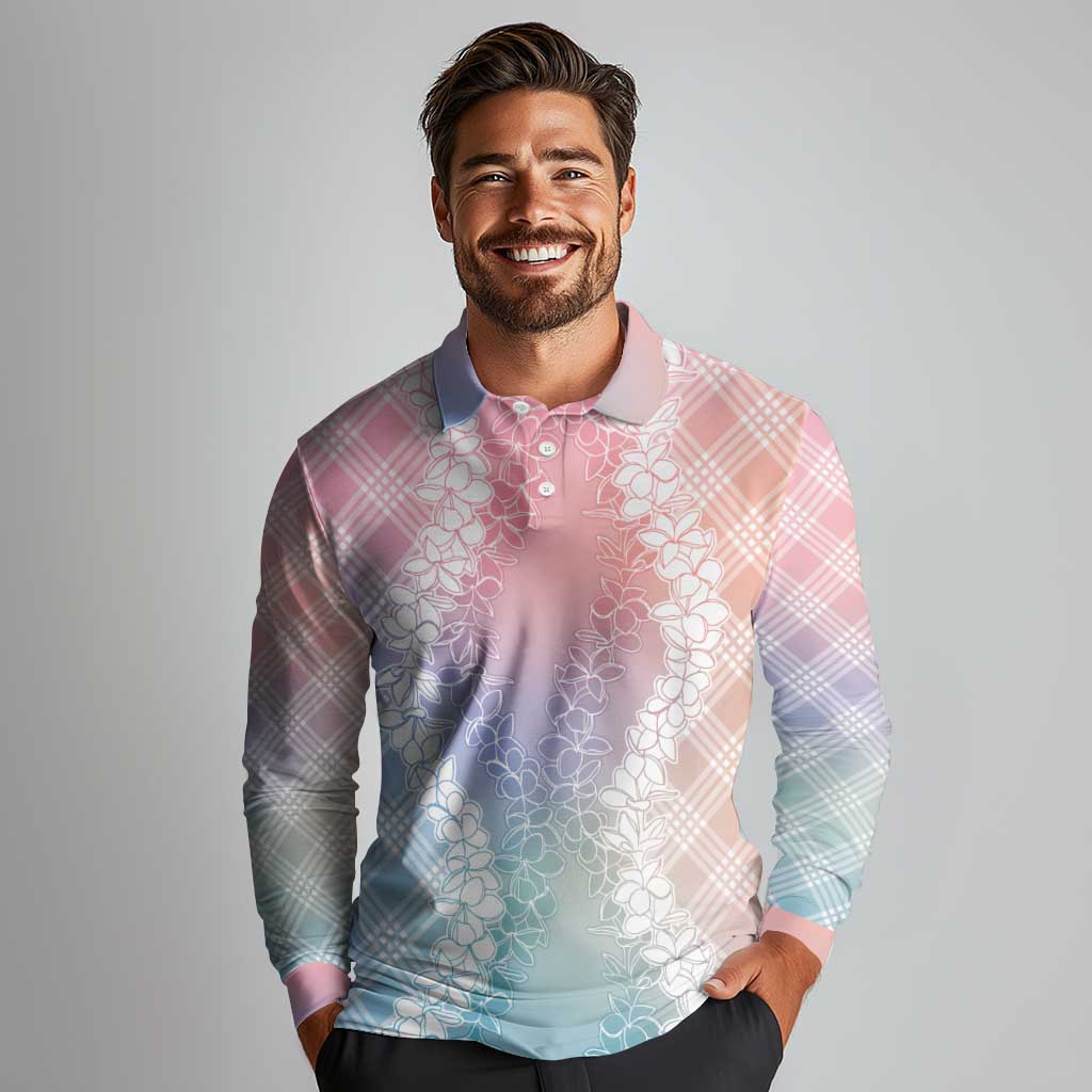 Hawaii Aloha Plumeria Lei Pastel Candy Palaka Long Sleeve Polo Shirt - Polynesian Pride