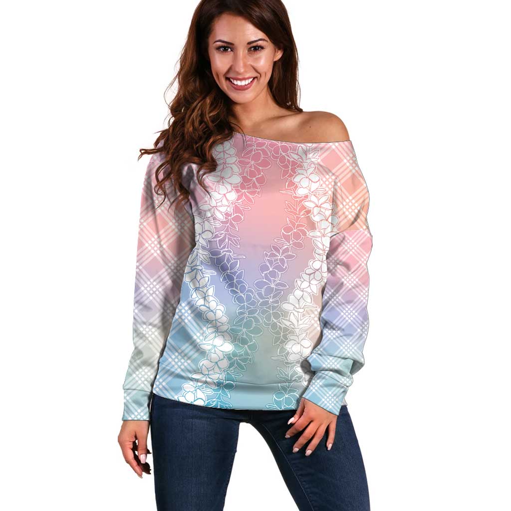 Hawaii Aloha Plumeria Lei Pastel Candy Palaka Off Shoulder Sweater - Polynesian Pride
