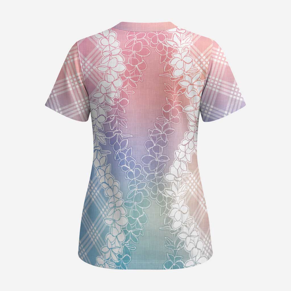 Hawaii Aloha Plumeria Lei Pastel Candy Palaka Scrub Top - Polynesian Pride