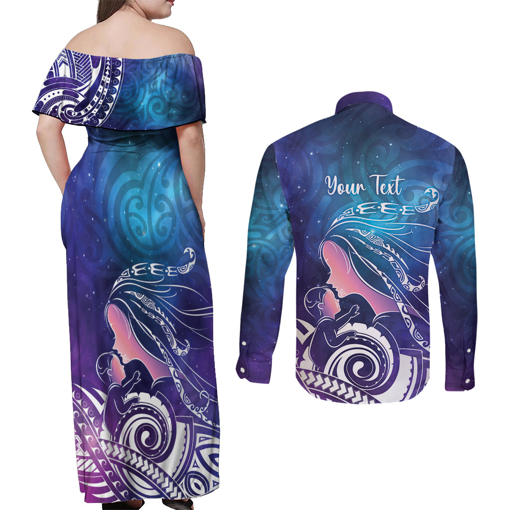 New Zealand Mother's Day Couples Matching Off Shoulder Maxi Dress and Long Sleeve Button Shirt Maori Hari Ra Mama