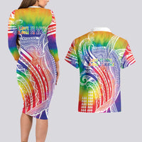 Aloha Pride Rainbow Tie Dye Couples Matching Long Sleeve Bodycon Dress and Hawaiian Shirt Humpback Whale - Love is Love