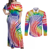 Aloha Pride Rainbow Tie Dye Couples Matching Off Shoulder Maxi Dress and Long Sleeve Button Shirt Humpback Whale - Love is Love