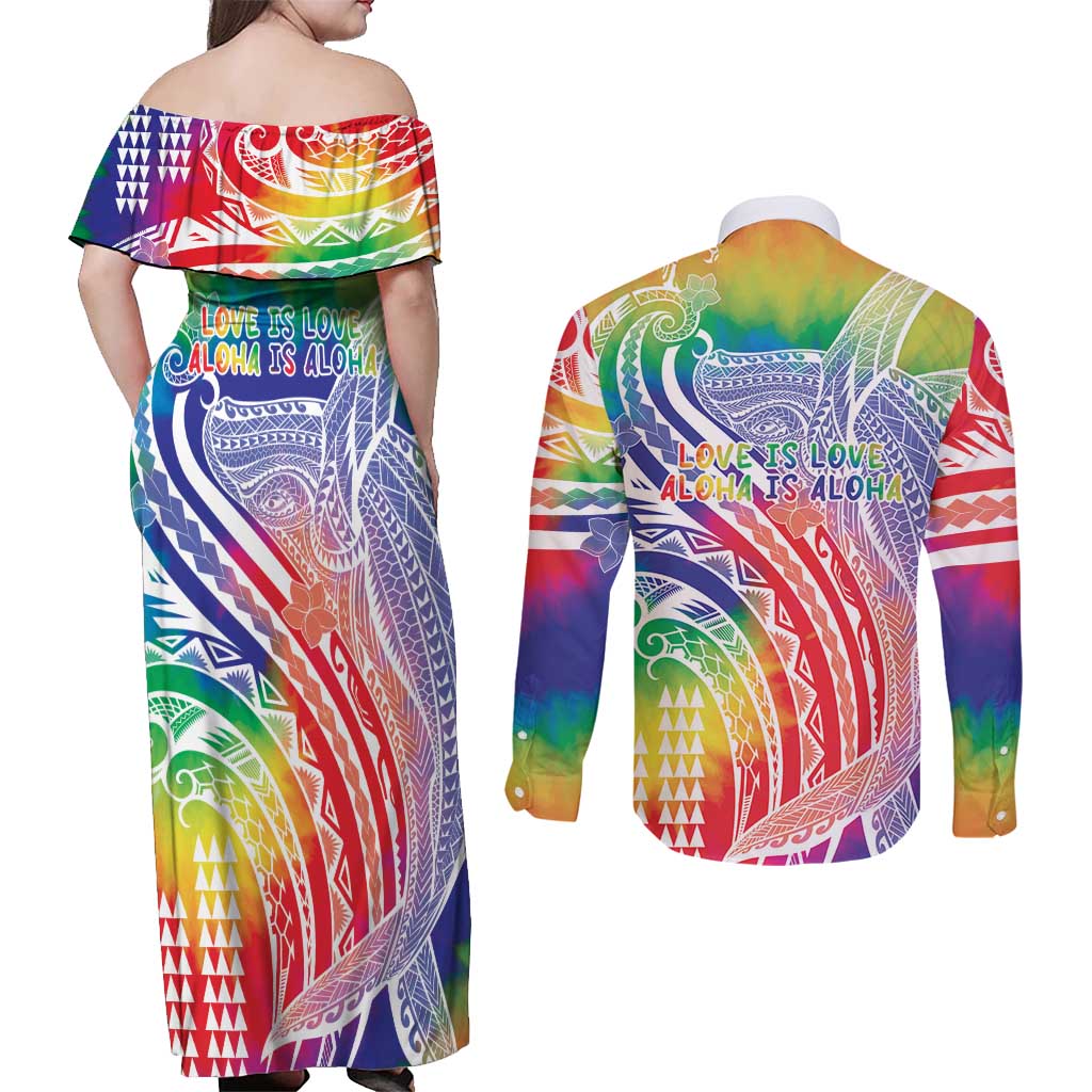 Aloha Pride Rainbow Tie Dye Couples Matching Off Shoulder Maxi Dress and Long Sleeve Button Shirt Humpback Whale - Love is Love