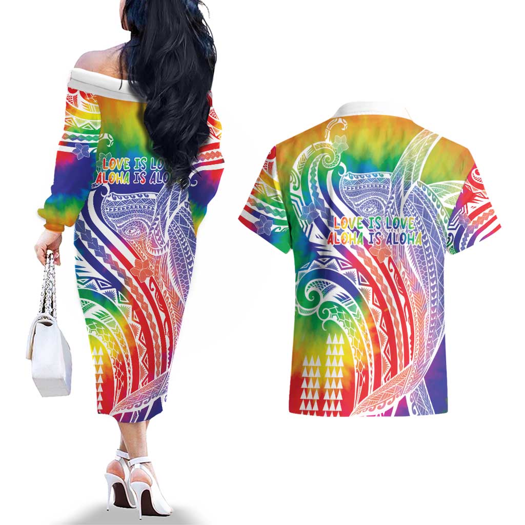 Aloha Pride Rainbow Tie Dye Couples Matching Off The Shoulder Long Sleeve Dress and Hawaiian Shirt Humpback Whale - Love is Love