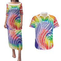 Aloha Pride Rainbow Tie Dye Couples Matching Puletasi and Hawaiian Shirt Humpback Whale - Love is Love