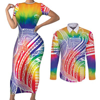 Aloha Pride Rainbow Tie Dye Couples Matching Short Sleeve Bodycon Dress and Long Sleeve Button Shirt Humpback Whale - Love is Love