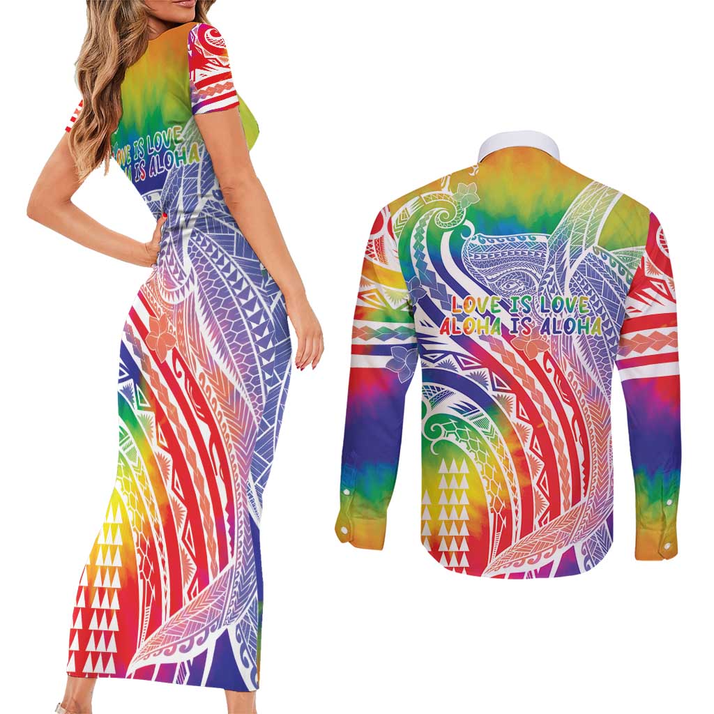 Aloha Pride Rainbow Tie Dye Couples Matching Short Sleeve Bodycon Dress and Long Sleeve Button Shirt Humpback Whale - Love is Love