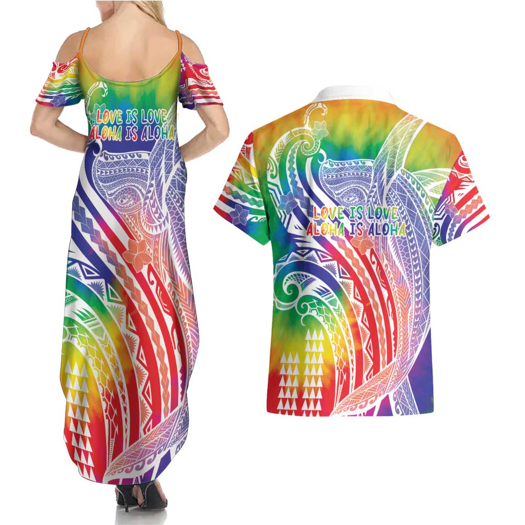 Aloha Pride Rainbow Tie Dye Couples Matching Summer Maxi Dress and Hawaiian Shirt Humpback Whale - Love is Love
