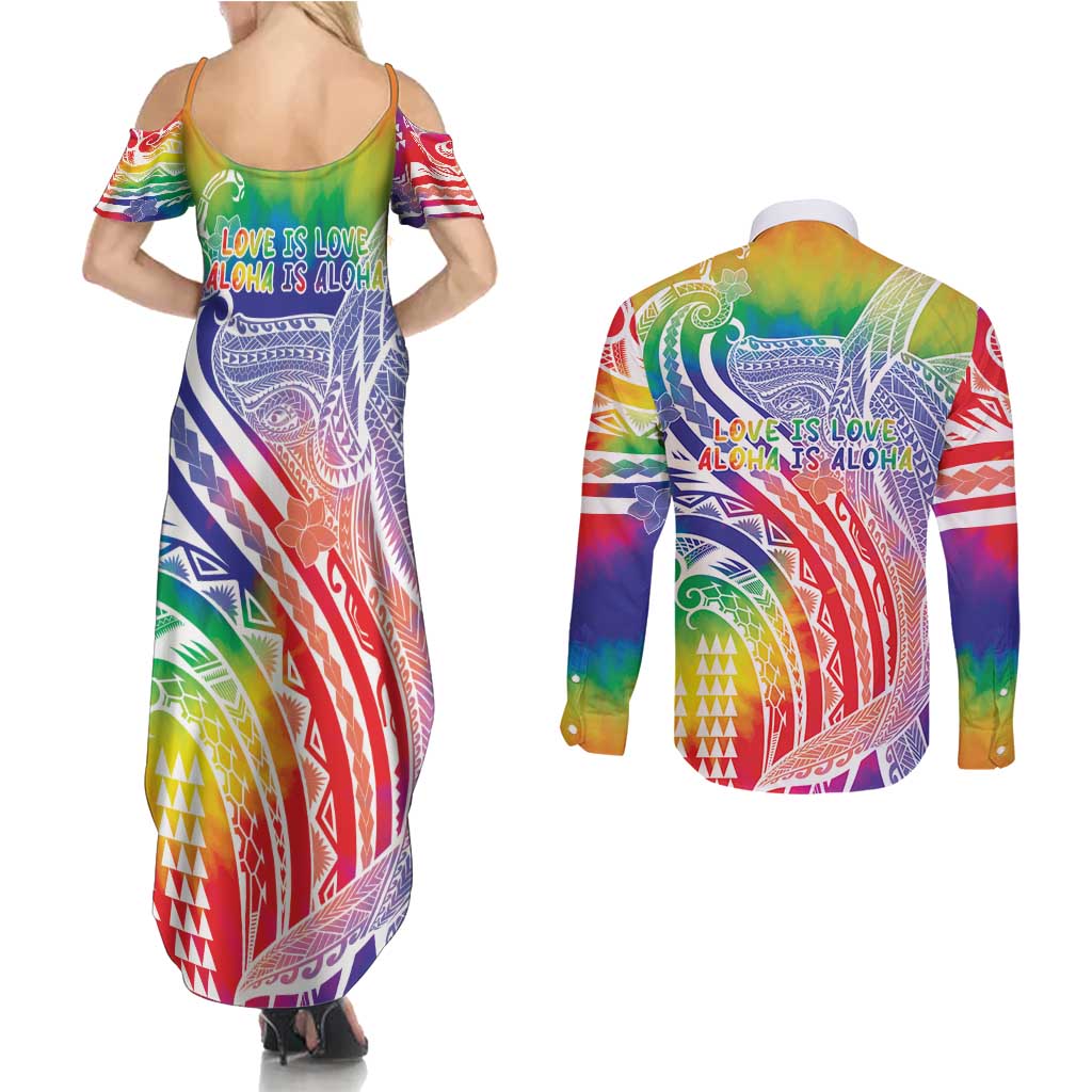 Aloha Pride Rainbow Tie Dye Couples Matching Summer Maxi Dress and Long Sleeve Button Shirt Humpback Whale - Love is Love