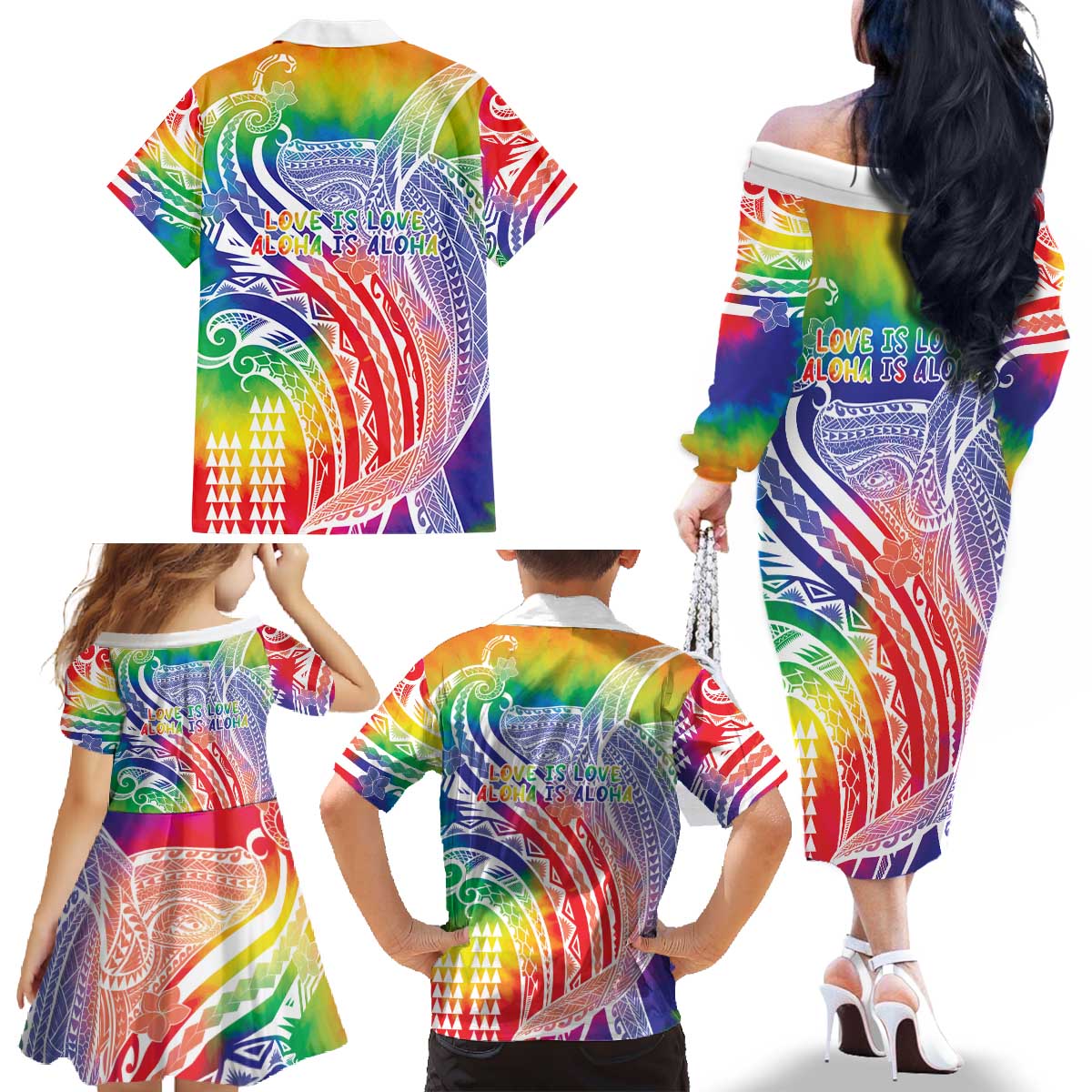 Aloha Pride Rainbow Tie Dye Family Matching Off The Shoulder Long Sleeve Dress and Hawaiian Shirt Humpback Whale - Love is Love