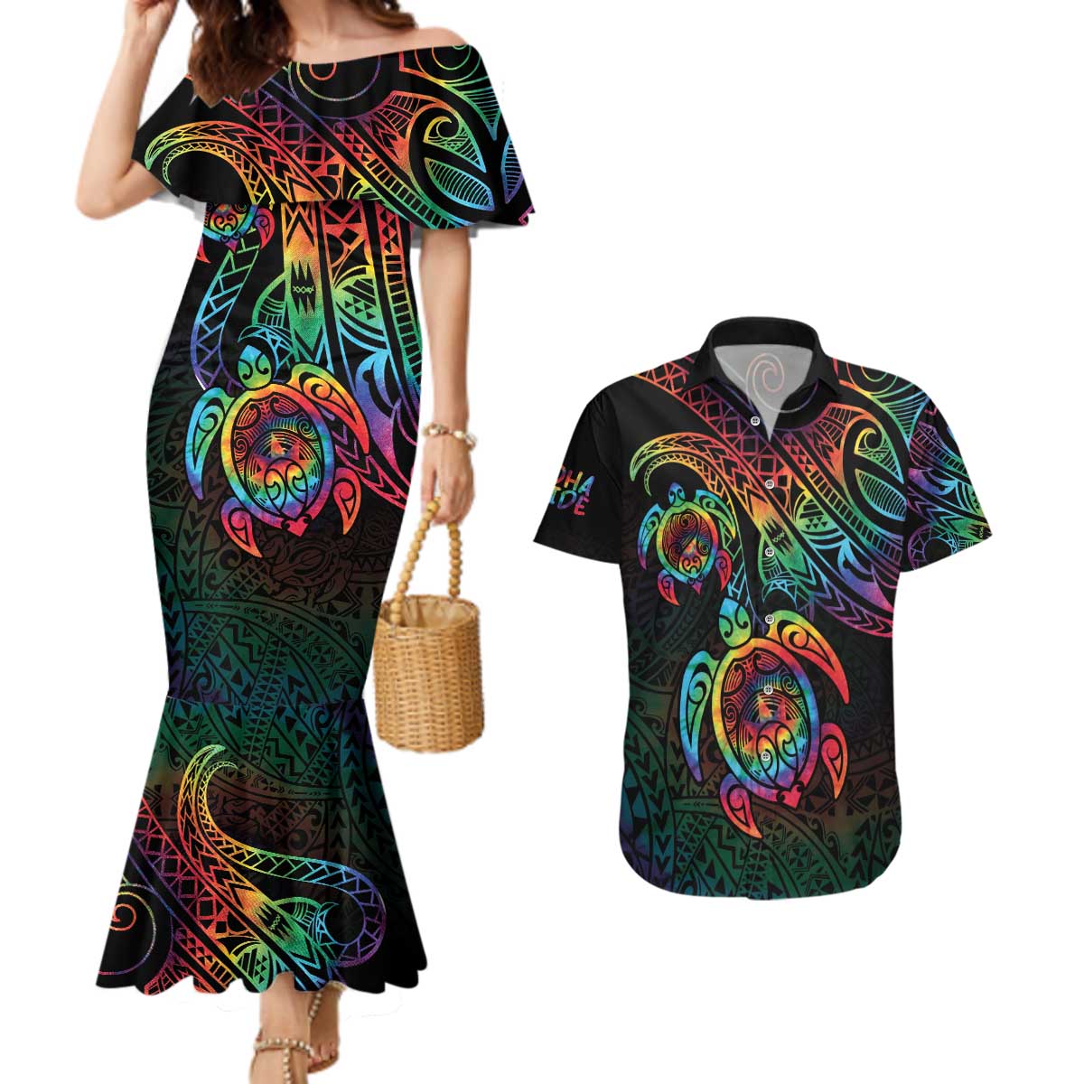 Hawaii Pride Couples Matching Mermaid Dress and Hawaiian Shirt Rainbow Swirls