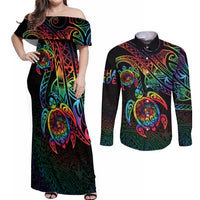 Hawaii Pride Couples Matching Off Shoulder Maxi Dress and Long Sleeve Button Shirt Rainbow Swirls