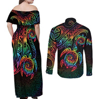 Hawaii Pride Couples Matching Off Shoulder Maxi Dress and Long Sleeve Button Shirt Rainbow Swirls