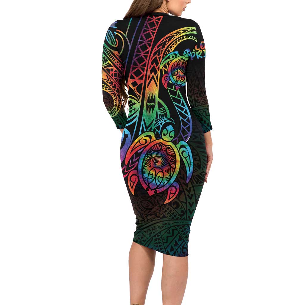 Hawaii Pride Family Matching Long Sleeve Bodycon Dress and Hawaiian Shirt Rainbow Swirls LT7 - Polynesian Pride