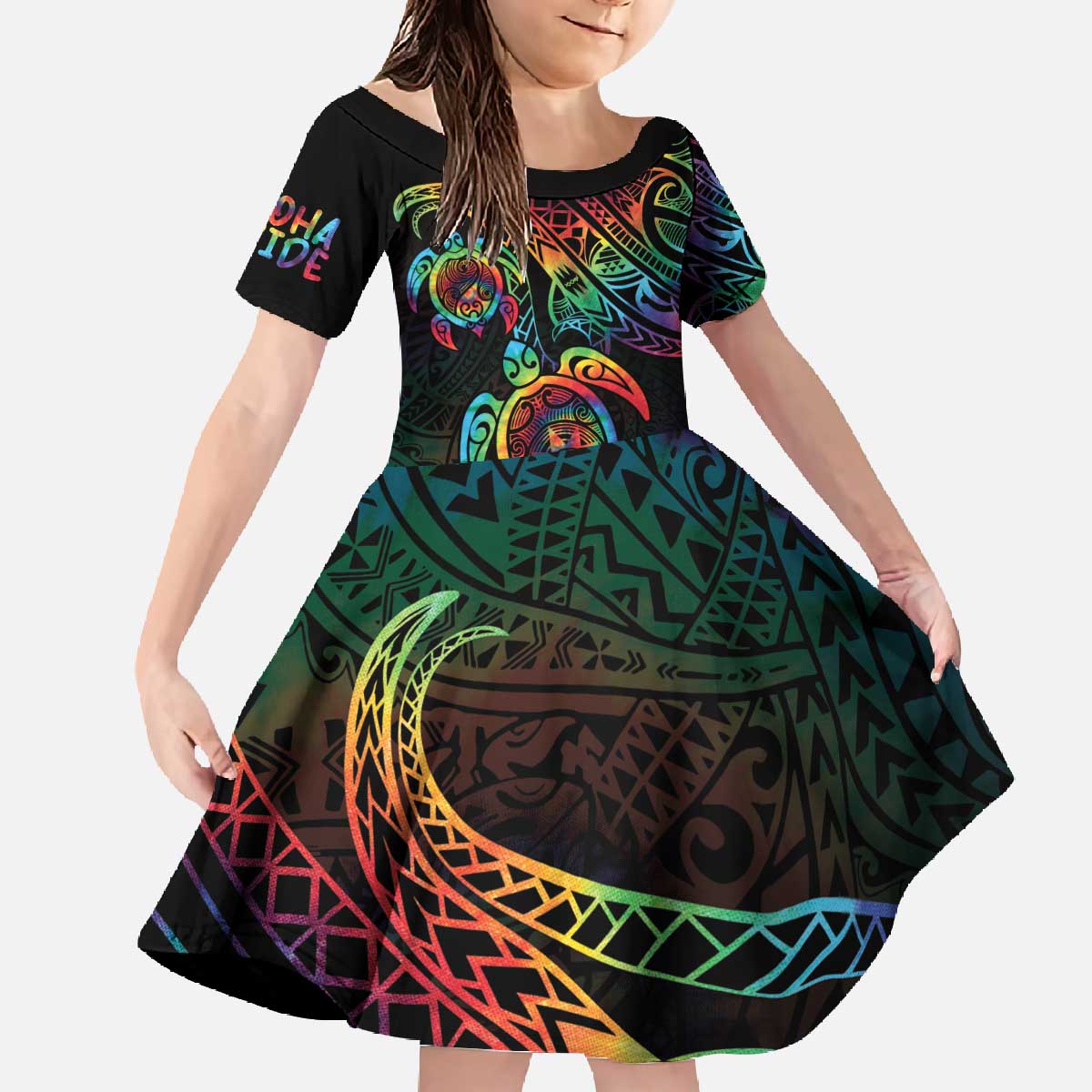 Hawaii Pride Family Matching Off The Shoulder Long Sleeve Dress and Hawaiian Shirt Rainbow Swirls LT7 Daughter's Dress Colorful - Polynesian Pride