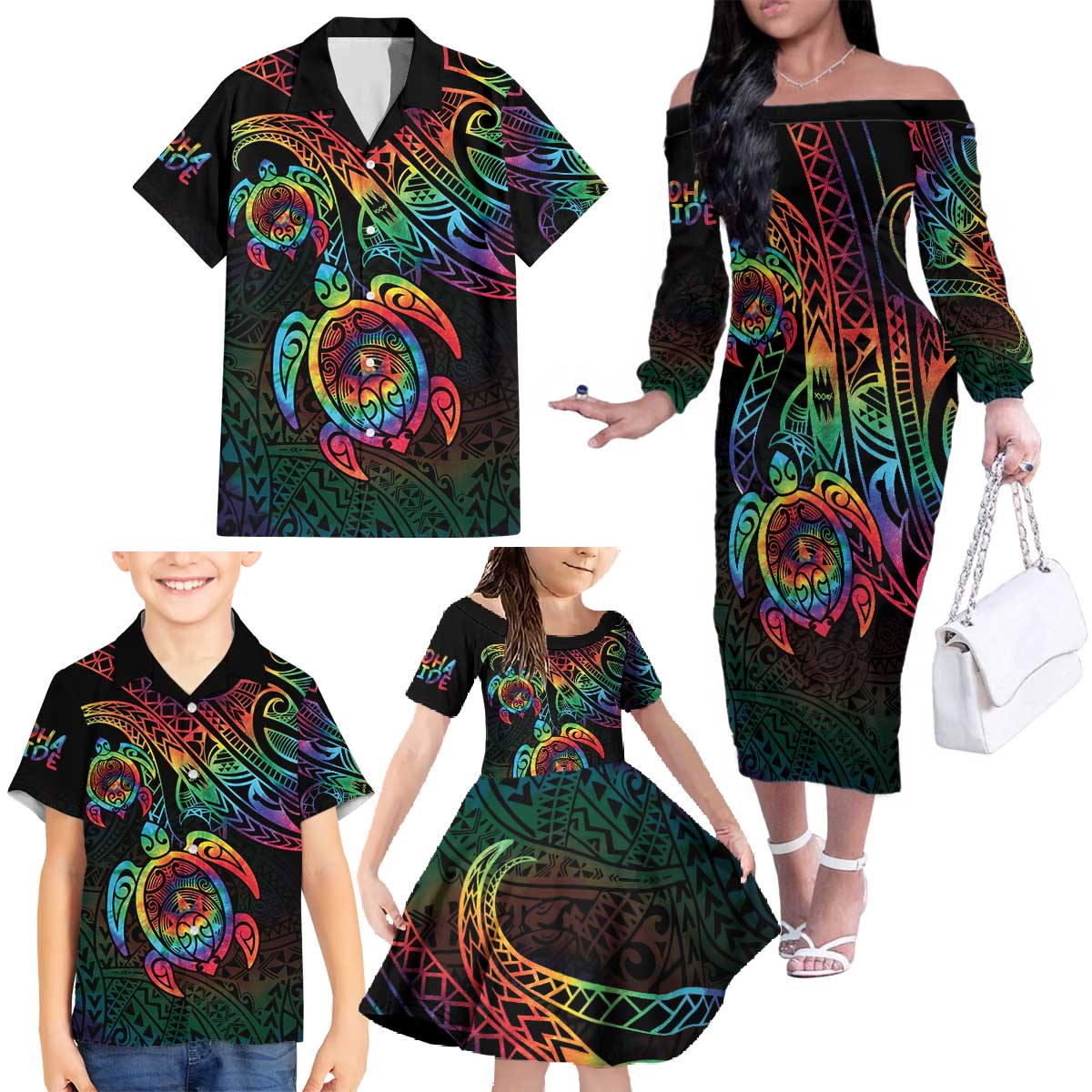 Hawaii Pride Family Matching Off The Shoulder Long Sleeve Dress and Hawaiian Shirt Rainbow Swirls LT7 - Polynesian Pride
