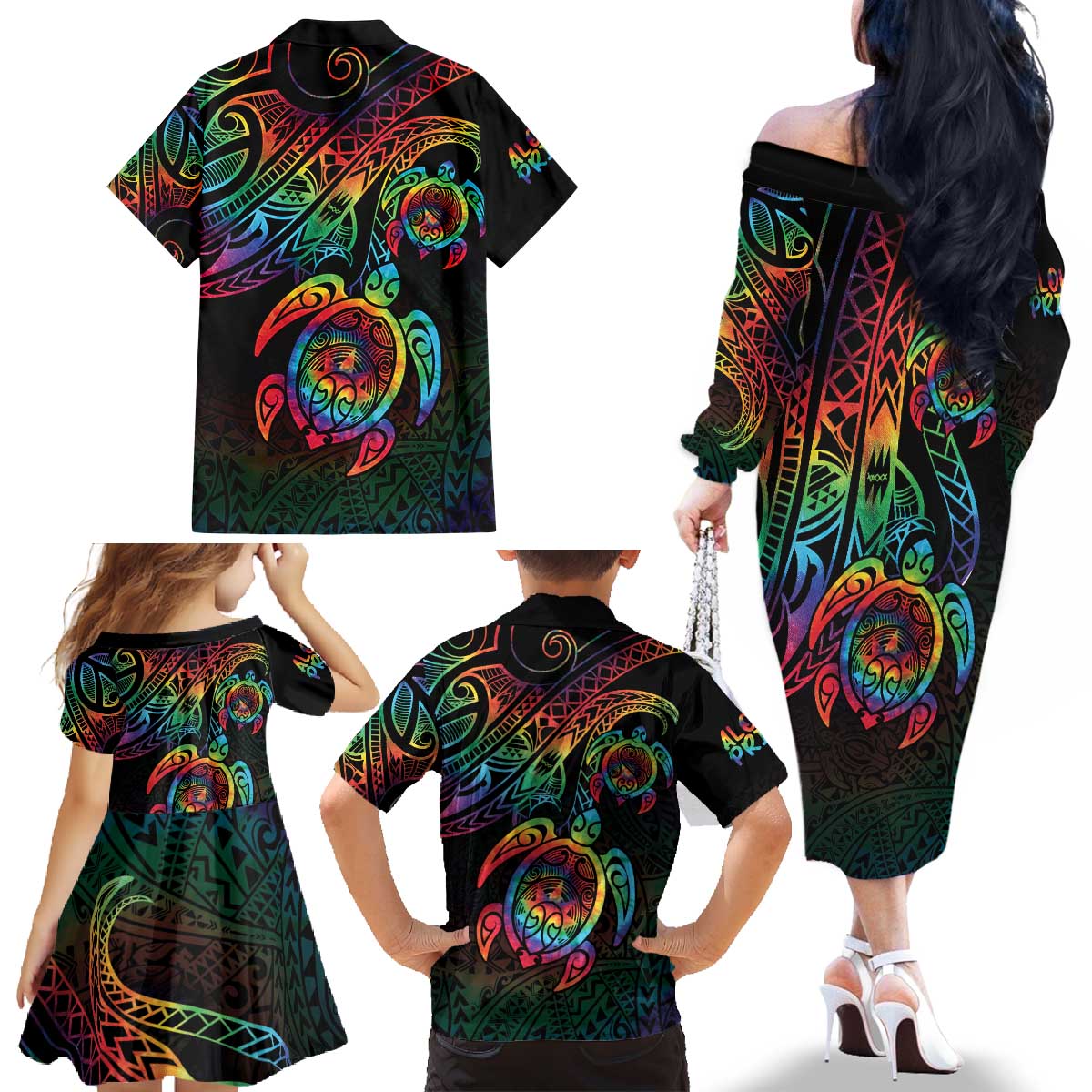 Hawaii Pride Family Matching Off The Shoulder Long Sleeve Dress and Hawaiian Shirt Rainbow Swirls LT7 - Polynesian Pride