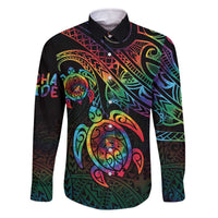 Hawaii Pride Family Matching Off The Shoulder Long Sleeve Dress and Hawaiian Shirt Rainbow Swirls LT7 Dad's Shirt - Long Sleeve Colorful - Polynesian Pride
