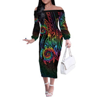 Hawaii Pride Family Matching Off The Shoulder Long Sleeve Dress and Hawaiian Shirt Rainbow Swirls LT7 Mom's Dress Colorful - Polynesian Pride