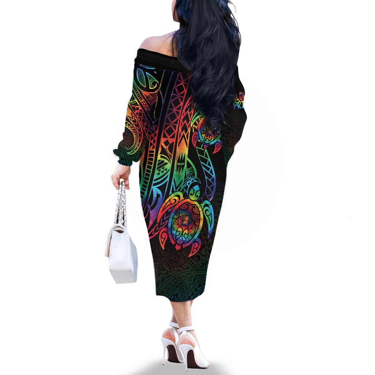 Hawaii Pride Family Matching Off The Shoulder Long Sleeve Dress and Hawaiian Shirt Rainbow Swirls LT7 - Polynesian Pride