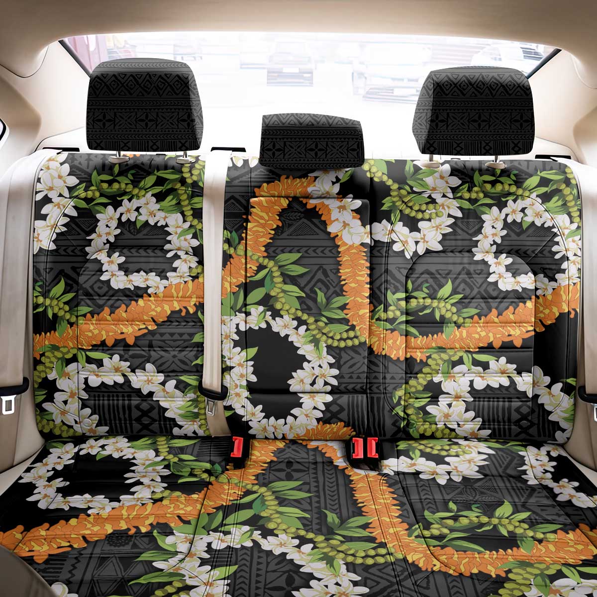 Aloha Festive Hawaii Back Car Seat Cover Mokihana - Maile and Ilima on Black - Polynesian Pride