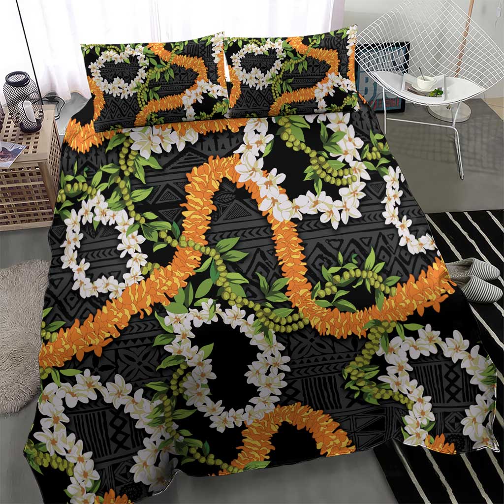 Aloha Festive Hawaii Bedding Set Mokihana - Maile and Ilima on Black - Polynesian Pride