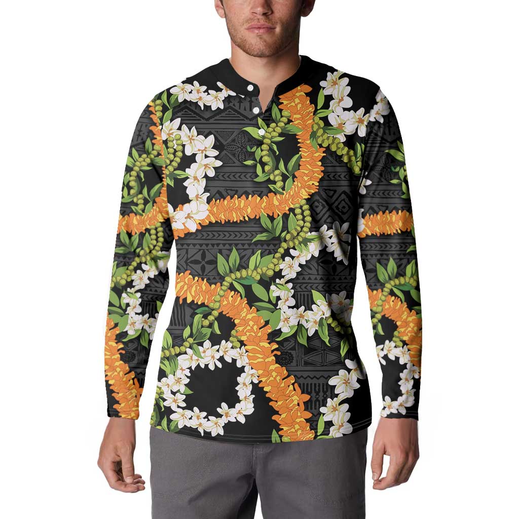 Aloha Festive Hawaii Button Sweatshirt Mokihana - Maile and Ilima on Black - Polynesian Pride