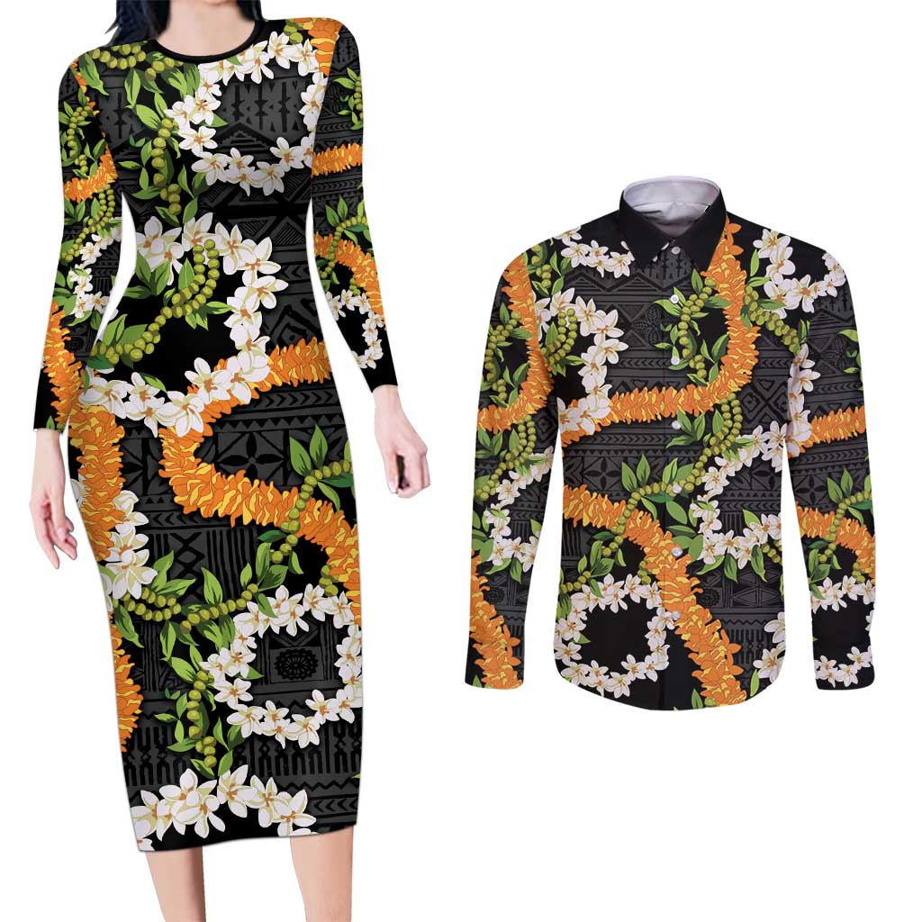 Aloha Festive Hawaii Couples Matching Long Sleeve Bodycon Dress and Long Sleeve Button Shirt Mokihana - Maile and Ilima on Black - Polynesian Pride