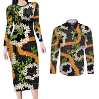 Aloha Festive Hawaii Couples Matching Long Sleeve Bodycon Dress and Long Sleeve Button Shirt Mokihana - Maile and Ilima on Black - Polynesian Pride