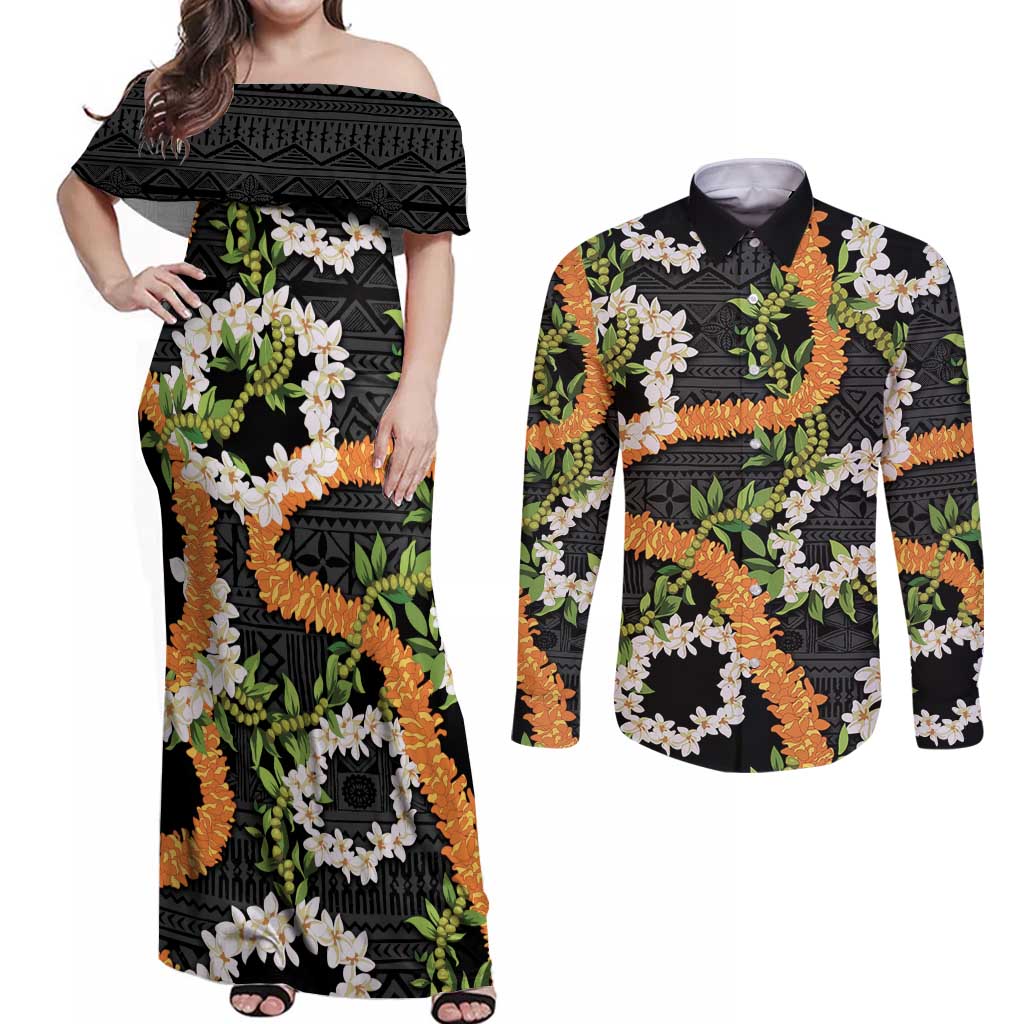 Aloha Festive Hawaii Couples Matching Off Shoulder Maxi Dress and Long Sleeve Button Shirt Mokihana - Maile and Ilima on Black - Polynesian Pride