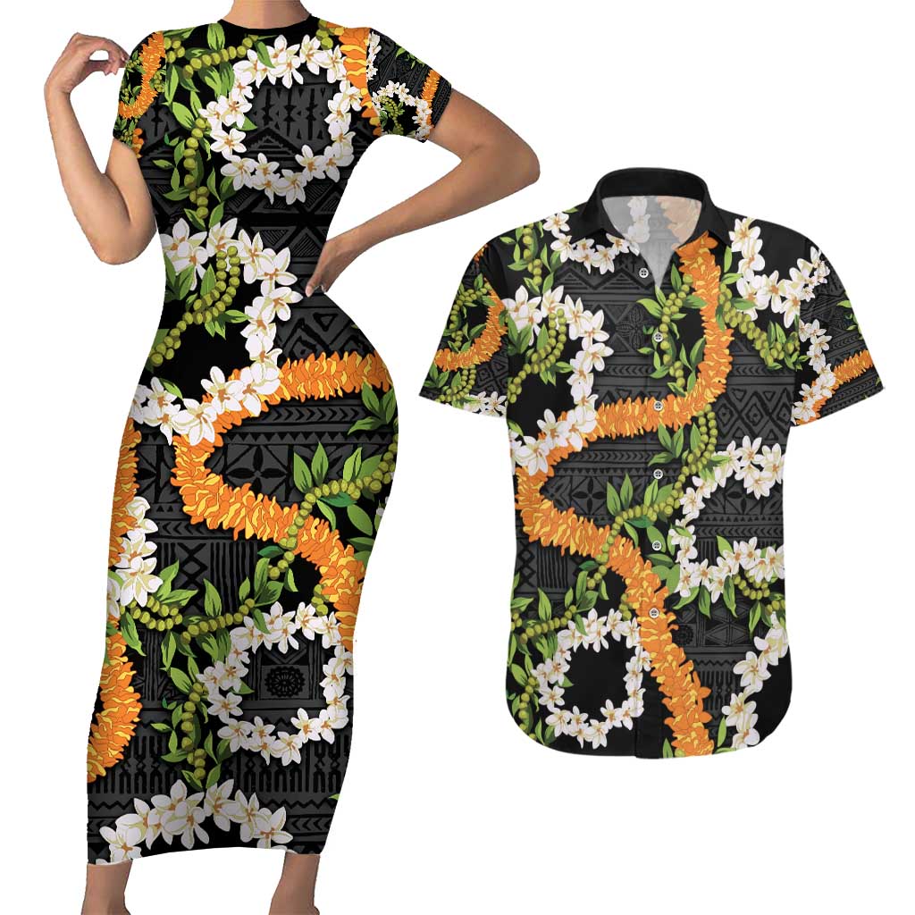 Aloha Festive Hawaii Couples Matching Short Sleeve Bodycon Dress and Hawaiian Shirt Mokihana - Maile and Ilima on Black - Polynesian Pride