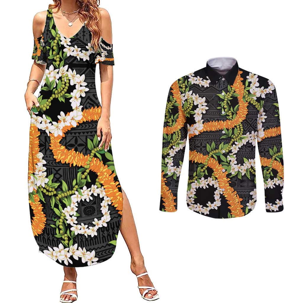 Aloha Festive Hawaii Couples Matching Summer Maxi Dress and Long Sleeve Button Shirt Mokihana - Maile and Ilima on Black - Polynesian Pride