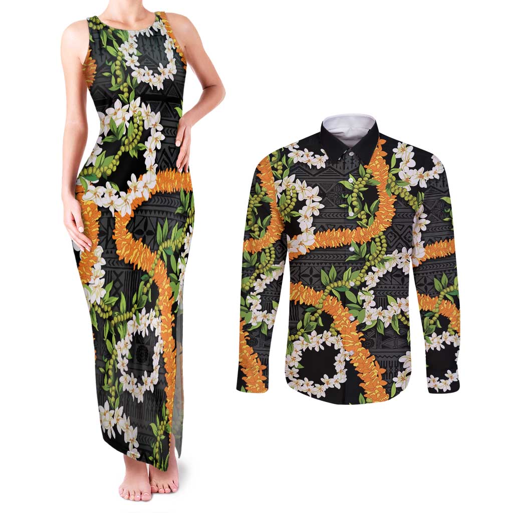 Aloha Festive Hawaii Couples Matching Tank Maxi Dress and Long Sleeve Button Shirt Mokihana - Maile and Ilima on Black - Polynesian Pride