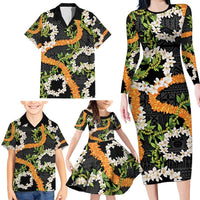 Aloha Festive Hawaii Family Matching Long Sleeve Bodycon Dress and Hawaiian Shirt Mokihana - Maile and Ilima on Black - Polynesian Pride