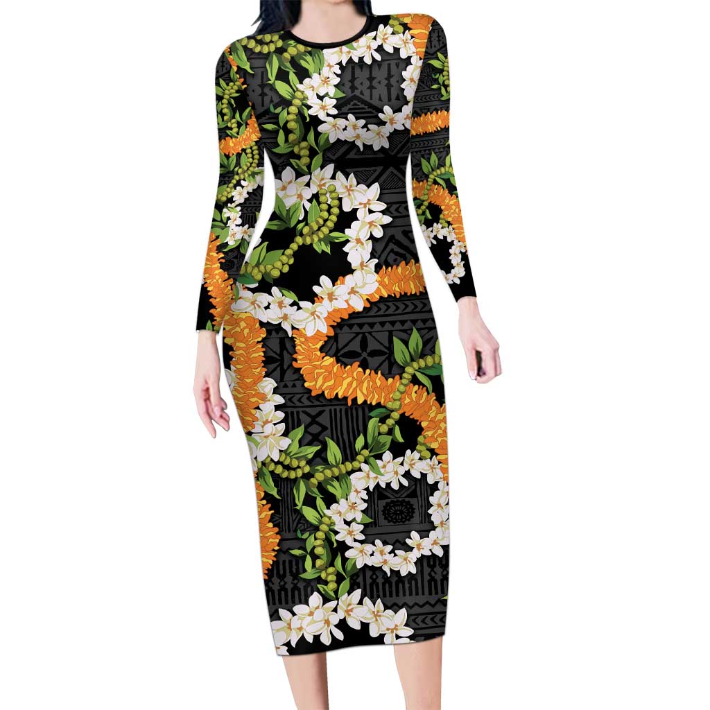 Aloha Festive Hawaii Family Matching Long Sleeve Bodycon Dress and Hawaiian Shirt Mokihana - Maile and Ilima on Black - Polynesian Pride