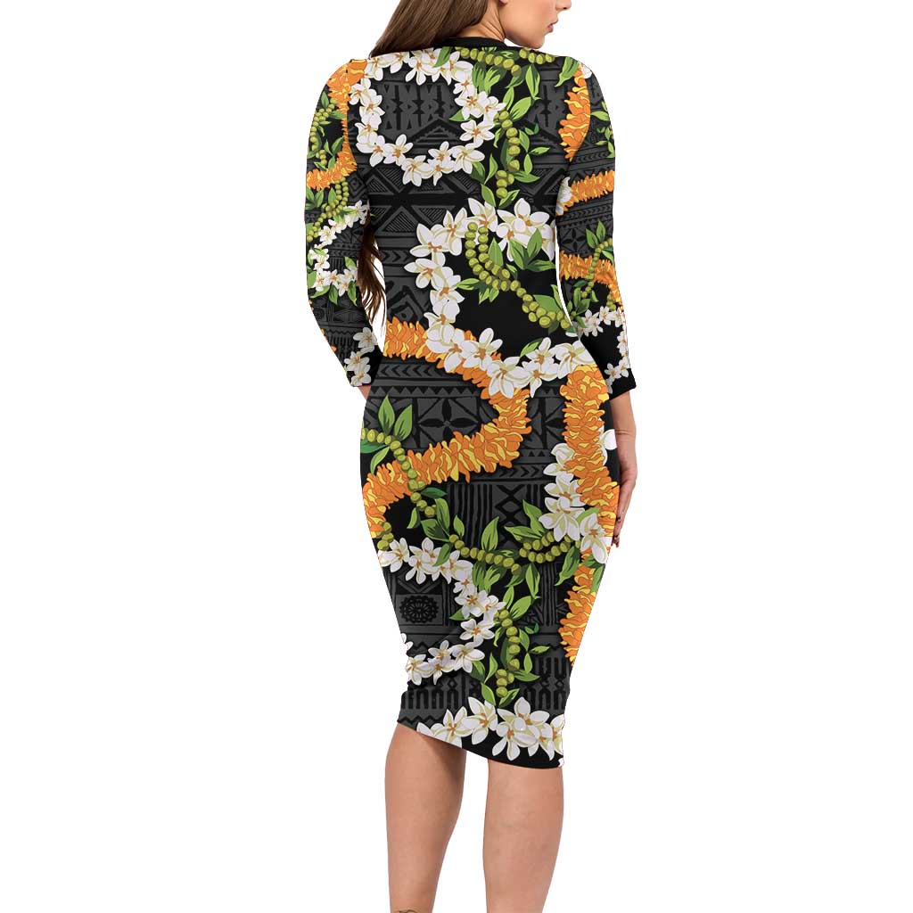 Aloha Festive Hawaii Family Matching Long Sleeve Bodycon Dress and Hawaiian Shirt Mokihana - Maile and Ilima on Black - Polynesian Pride