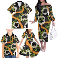 Aloha Festive Hawaii Family Matching Off The Shoulder Long Sleeve Dress and Hawaiian Shirt Mokihana - Maile and Ilima on Black - Polynesian Pride
