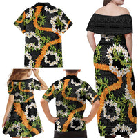 Aloha Festive Hawaii Family Matching Off Shoulder Maxi Dress and Hawaiian Shirt Mokihana - Maile and Ilima on Black - Polynesian Pride