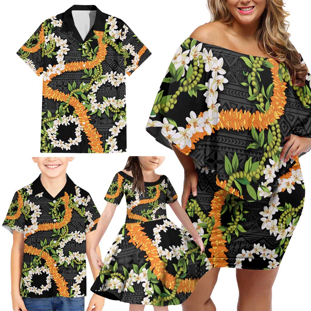 Aloha Festive Hawaii Family Matching Off Shoulder Short Dress and Hawaiian Shirt Mokihana - Maile and Ilima on Black - Polynesian Pride