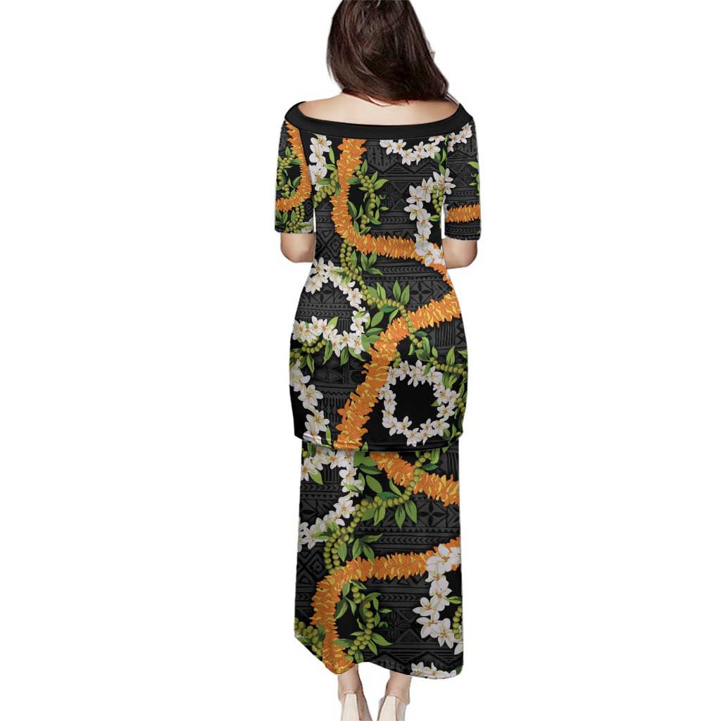 Aloha Festive Hawaii Family Matching Puletasi and Hawaiian Shirt Mokihana - Maile and Ilima on Black - Polynesian Pride