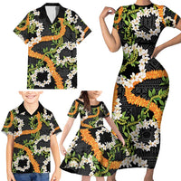 Aloha Festive Hawaii Family Matching Short Sleeve Bodycon Dress and Hawaiian Shirt Mokihana - Maile and Ilima on Black - Polynesian Pride