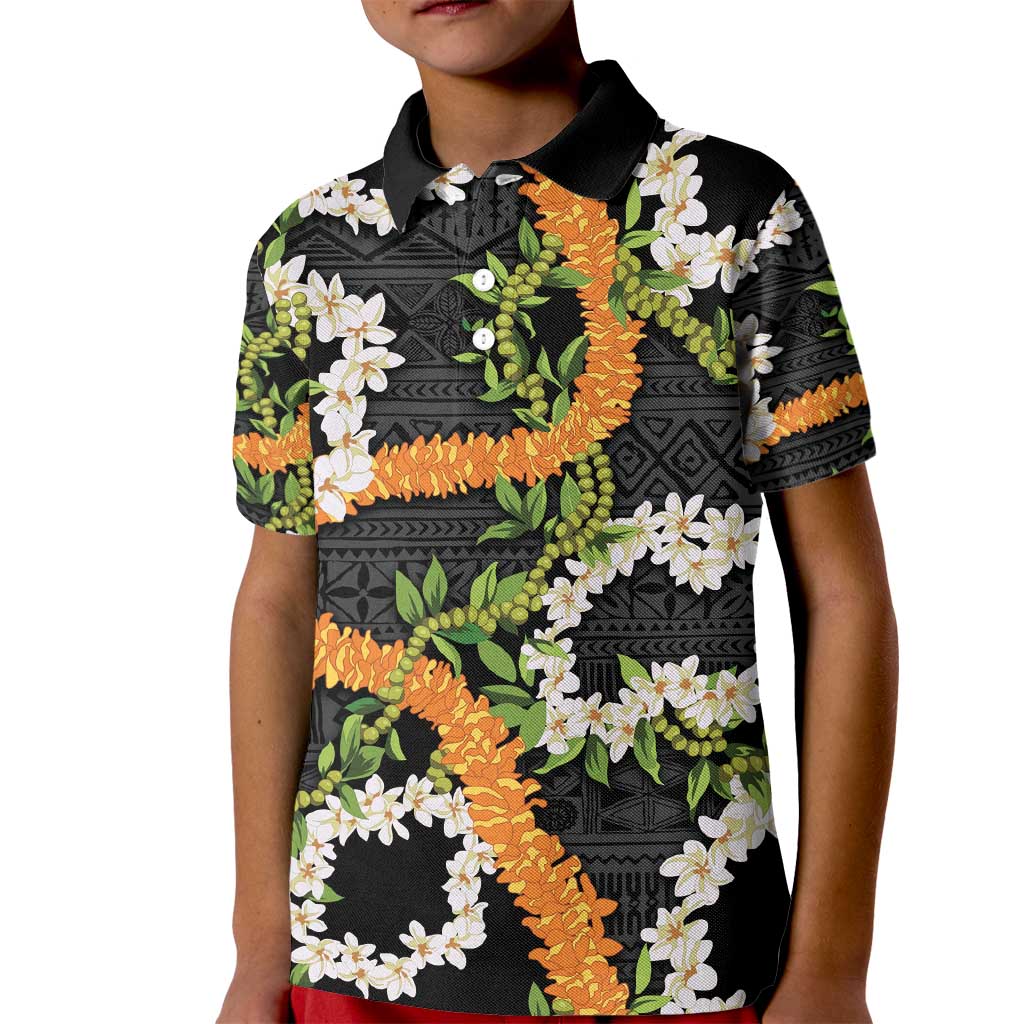 Aloha Festive Hawaii Kid Polo Shirt Mokihana - Maile and Ilima on Black - Polynesian Pride