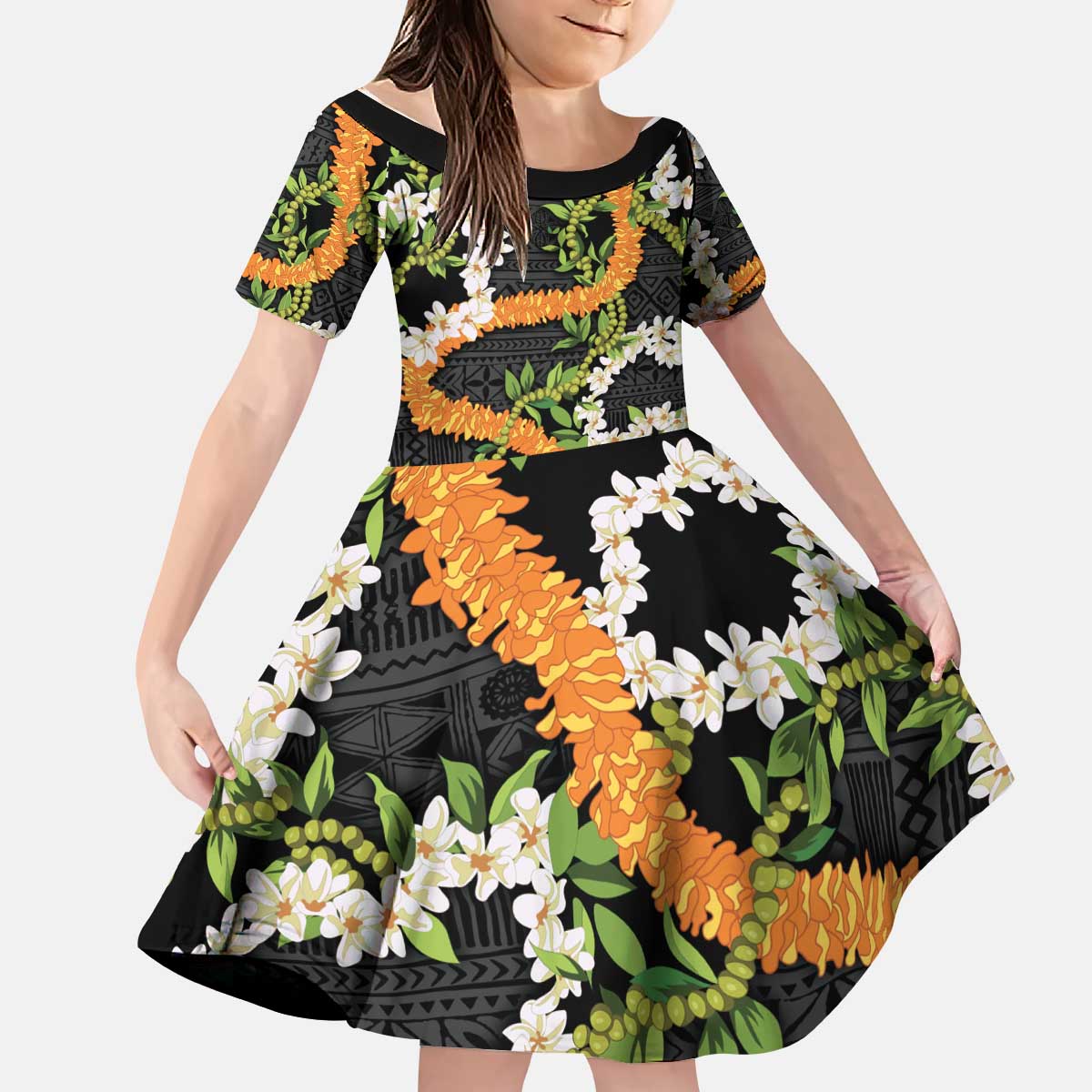 Aloha Festive Hawaii Kid Short Sleeve Dress Mokihana - Maile and Ilima on Black - Polynesian Pride