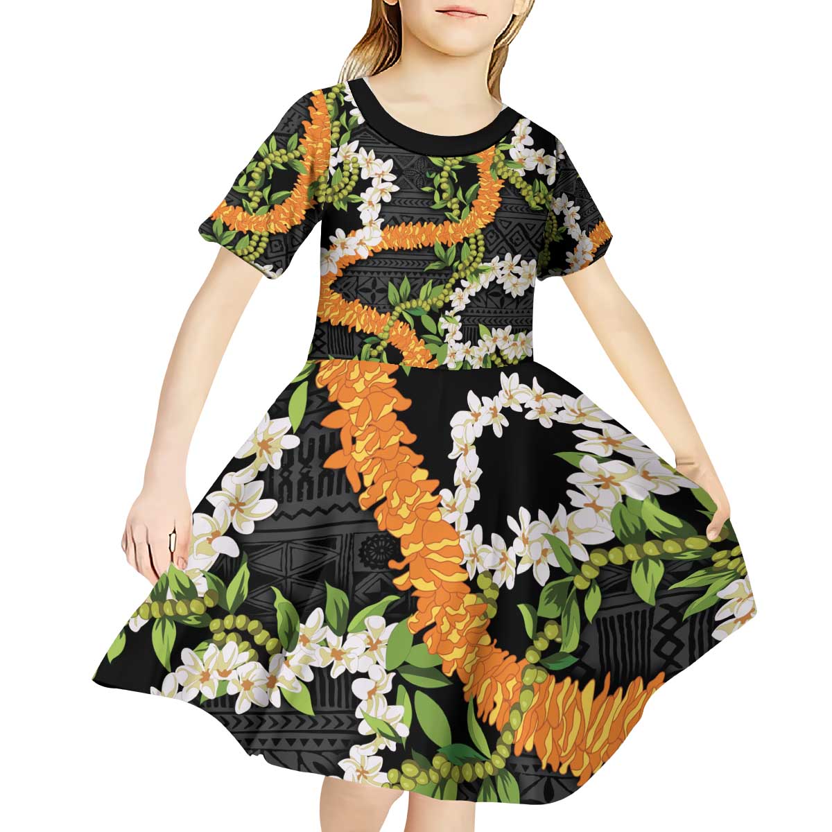 Aloha Festive Hawaii Kid Short Sleeve Dress Mokihana - Maile and Ilima on Black - Polynesian Pride