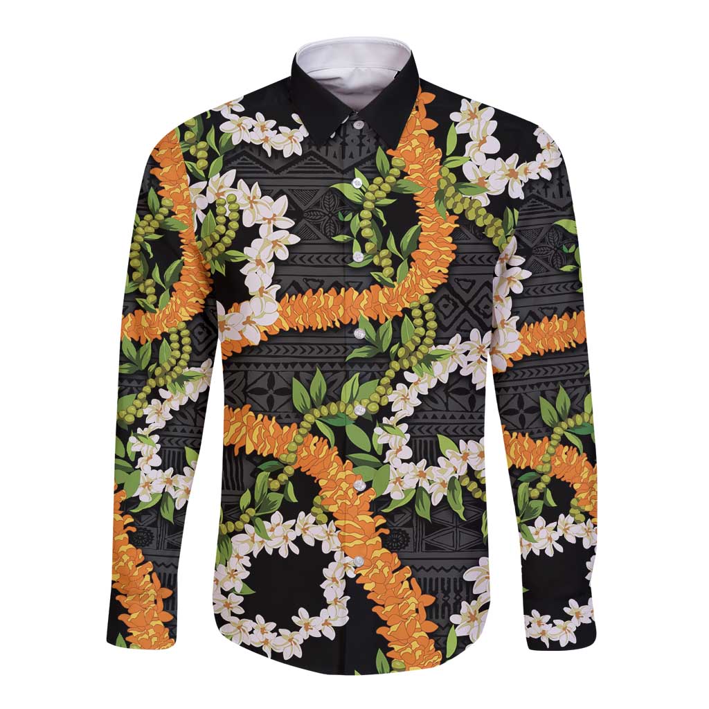 Aloha Festive Hawaii Long Sleeve Button Shirt Mokihana - Maile and Ilima on Black - Polynesian Pride