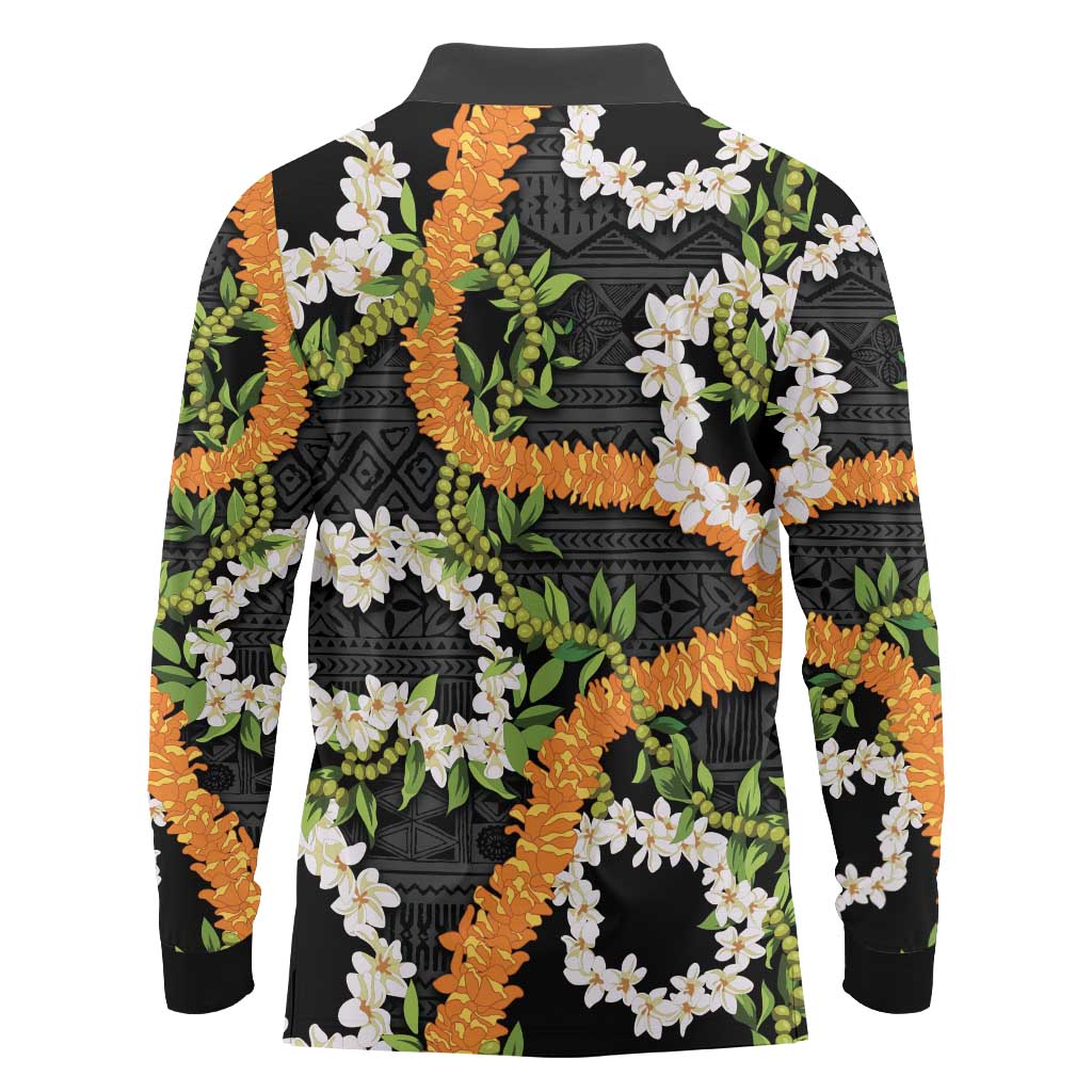Aloha Festive Hawaii Long Sleeve Polo Shirt Mokihana - Maile and Ilima on Black - Polynesian Pride