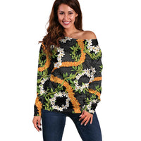 Aloha Festive Hawaii Off Shoulder Sweater Mokihana - Maile and Ilima on Black - Polynesian Pride
