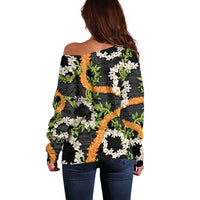 Aloha Festive Hawaii Off Shoulder Sweater Mokihana - Maile and Ilima on Black - Polynesian Pride