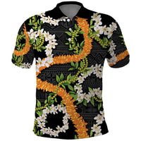 Aloha Festive Hawaii Polo Shirt Mokihana - Maile and Ilima on Black - Polynesian Pride